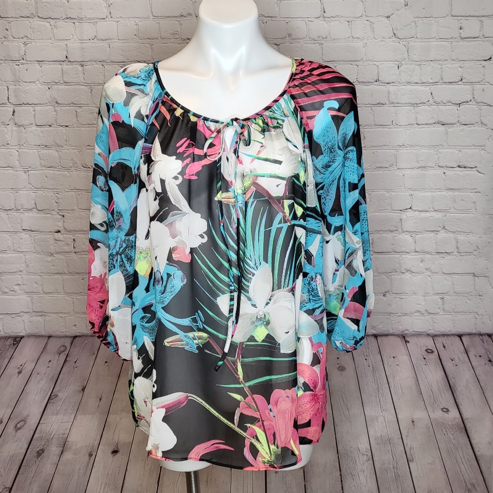 a.n.a Sheer Tropical Floral Palm Print Top Size L